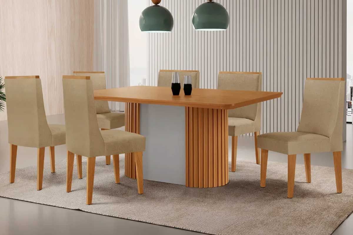 Sala Jantar Mesa Pilar c/ Tampo Madeirado Canto Curvo 180x90cm e 6 Cadeiras Dakota - Rufato