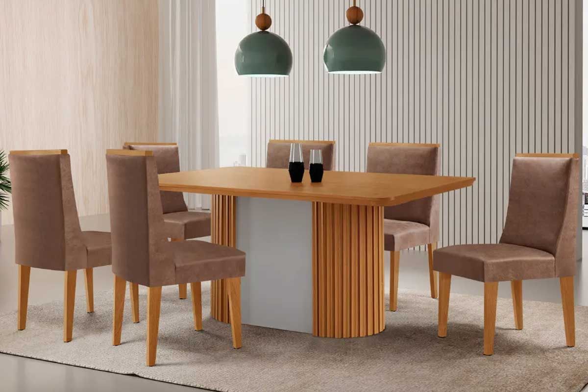 Sala Jantar Mesa Pilar c/ Tampo Madeirado Canto Curvo 180x90cm e 6 Cadeiras Dakota - Rufato