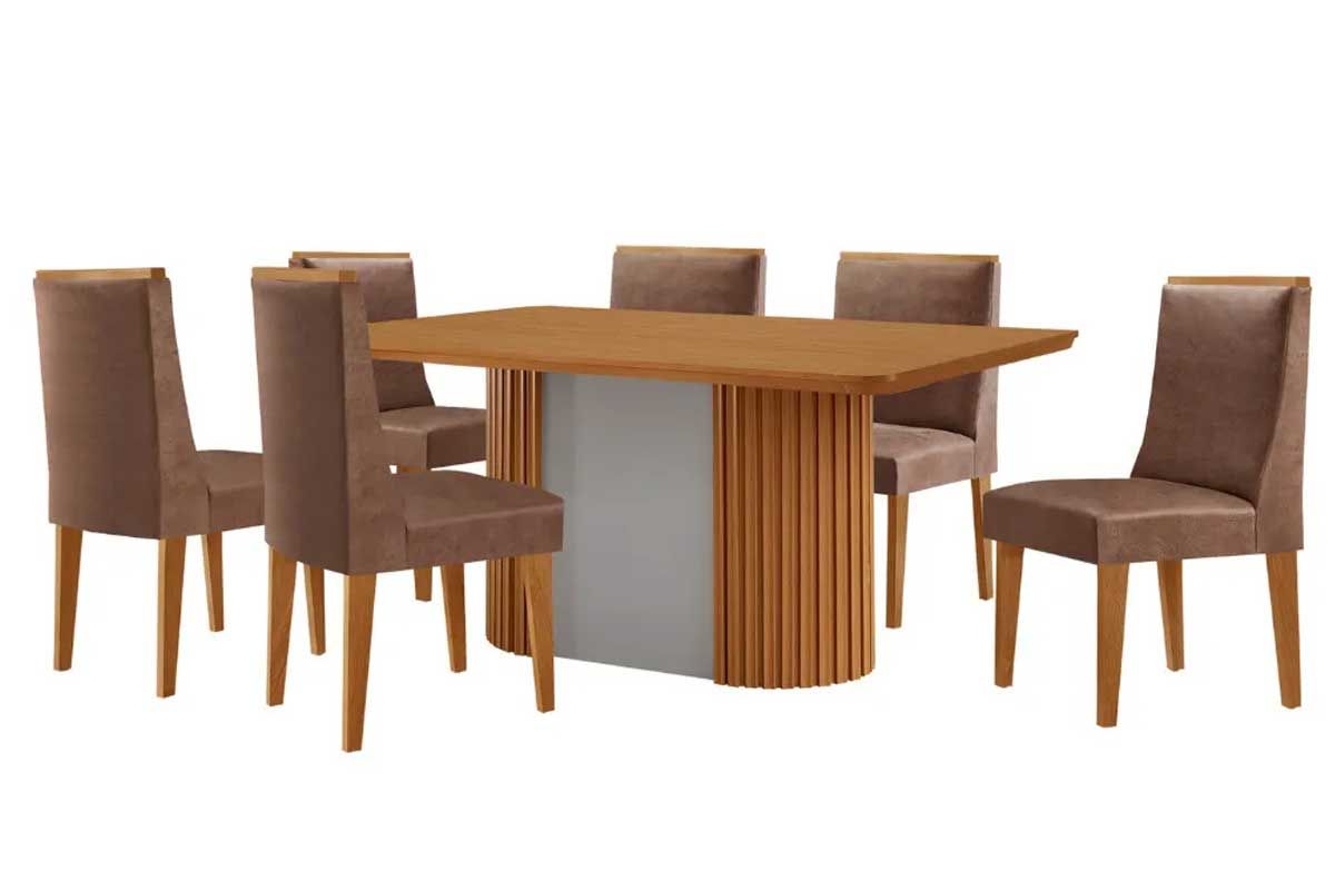 Sala Jantar Mesa Pilar c/ Tampo Madeirado Canto Curvo 180x90cm e 6 Cadeiras Dakota - Rufato