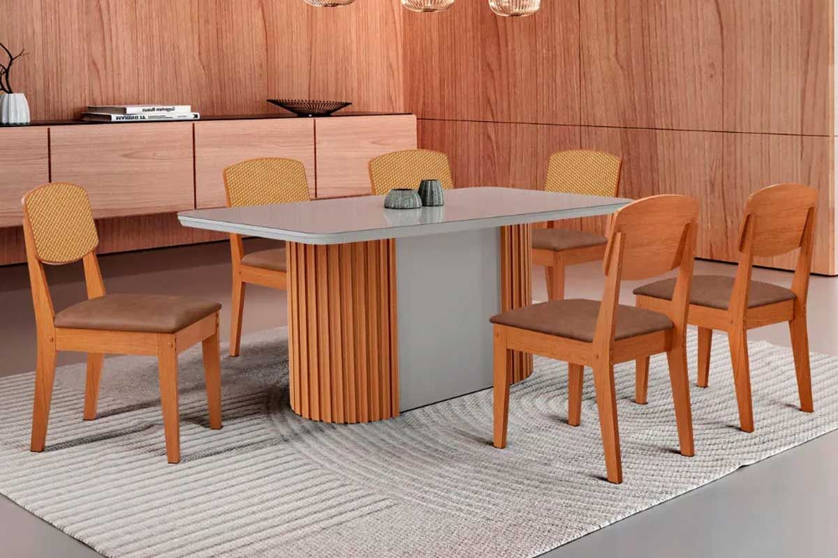 Sala Jantar Mesa Pilar Curvo 180cm + 6 Cadeiras Havana - Rufato