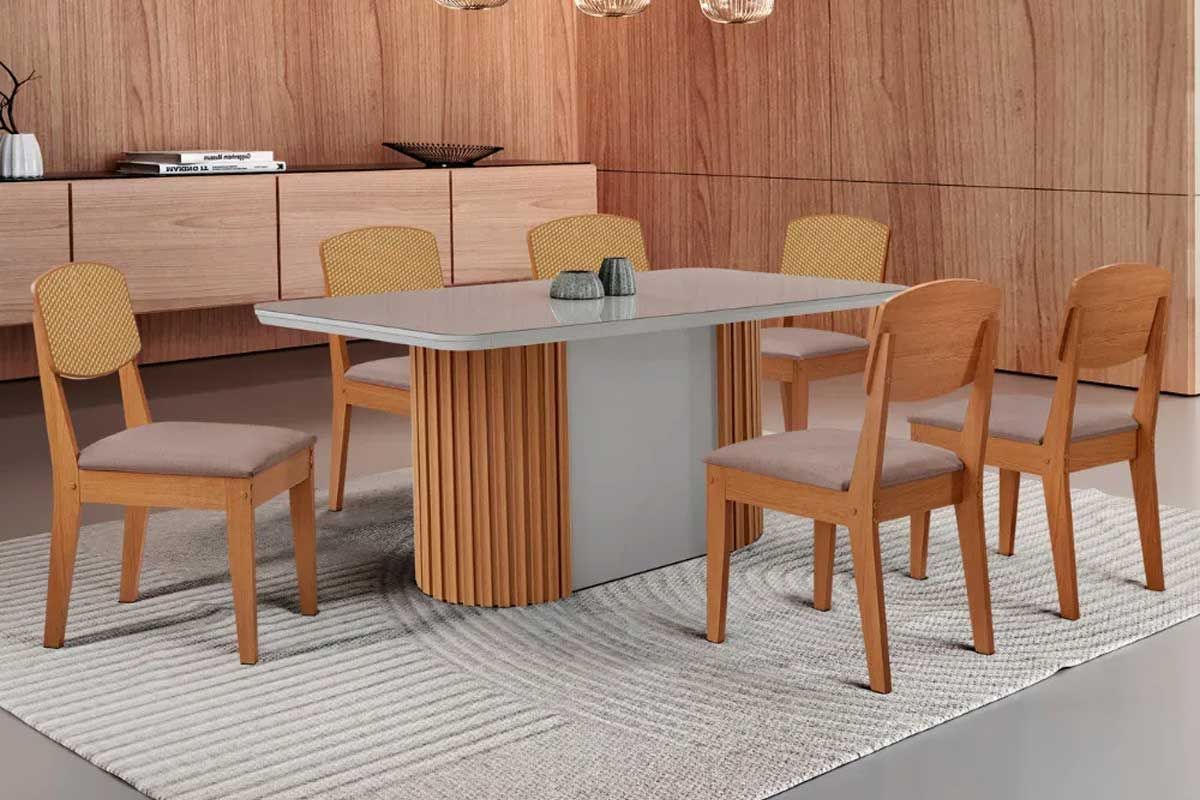 Sala Jantar Mesa Pilar Curvo 180cm + 6 Cadeiras Havana - Rufato
