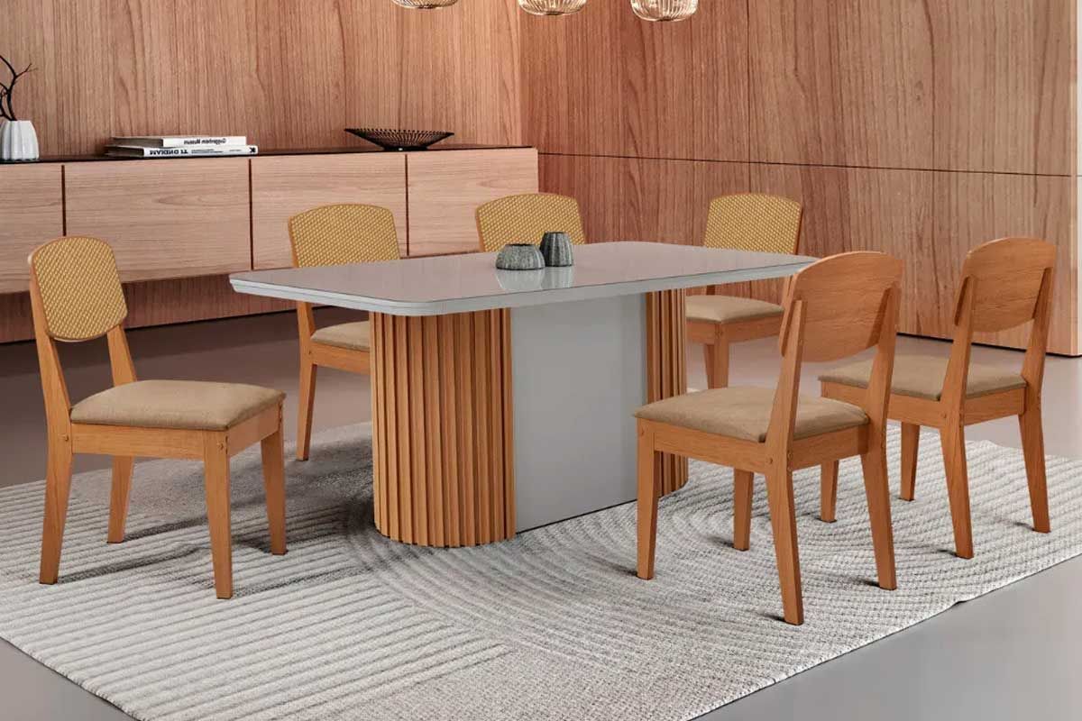 Sala Jantar Mesa Pilar Curvo 180cm + 6 Cadeiras Havana - Rufato