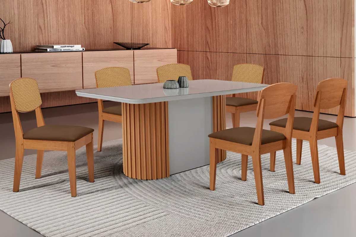 Sala Jantar Mesa Pilar Curvo 180cm + 6 Cadeiras Havana - Rufato