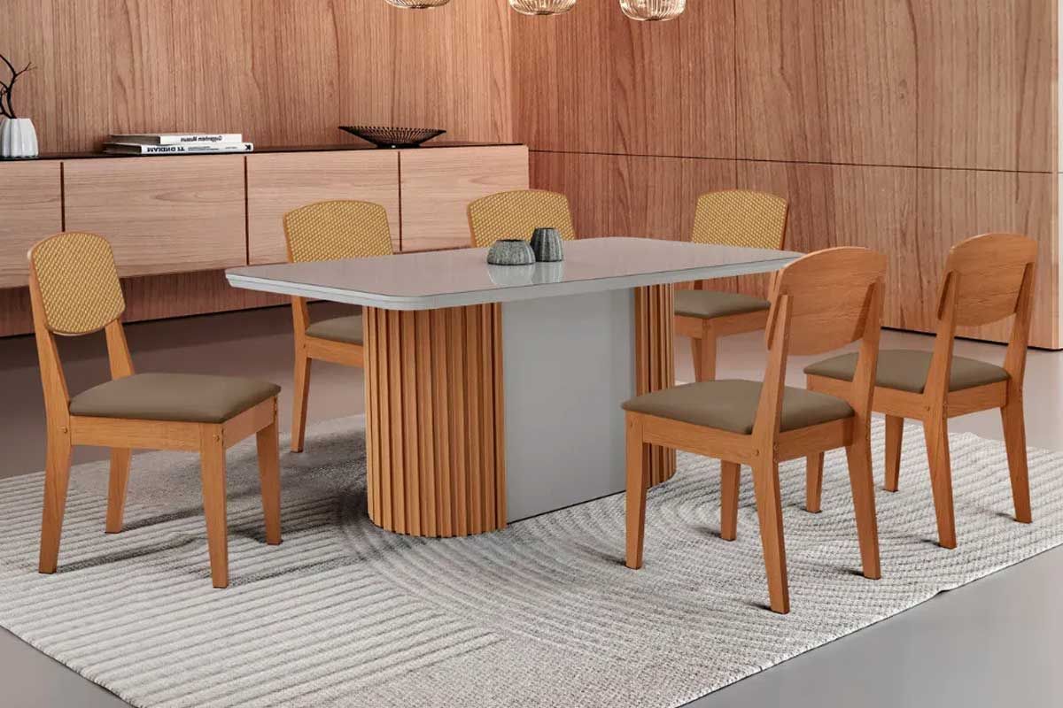 Sala Jantar Mesa Pilar Curvo 180cm + 6 Cadeiras Havana - Rufato