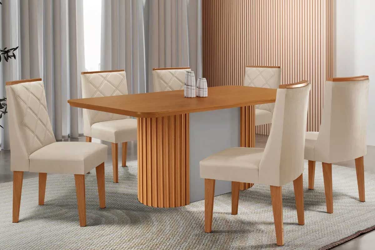 Sala Jantar Mesa Pilar c/ Tampo Madeirado Canto Curvo 180x90cm e 6 Cadeiras Pietá - Rufato
