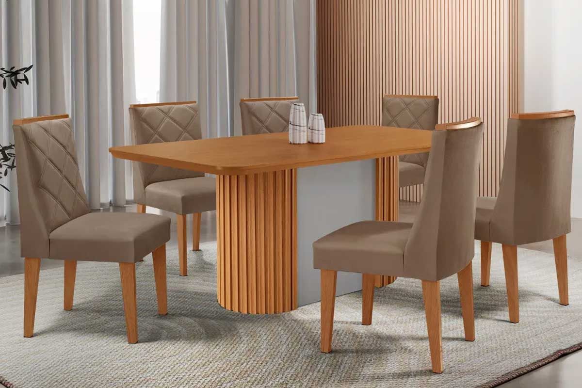 Sala Jantar Mesa Pilar c/ Tampo Madeirado Canto Curvo 180x90cm e 6 Cadeiras Pietá - Rufato