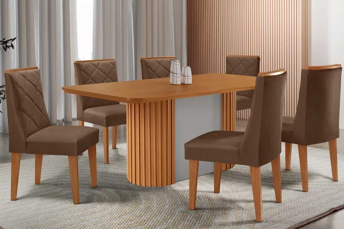 Sala Jantar Mesa Pilar c/ Tampo Madeirado Canto Curvo 180x90cm e 6 Cadeiras Pietá - Rufato