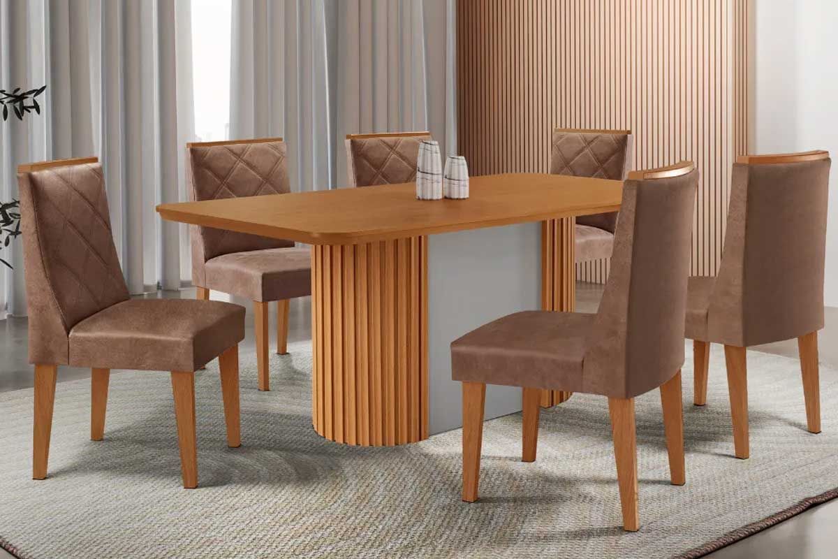 Sala Jantar Mesa Pilar c/ Tampo Madeirado Canto Curvo 180x90cm e 6 Cadeiras Pietá - Rufato