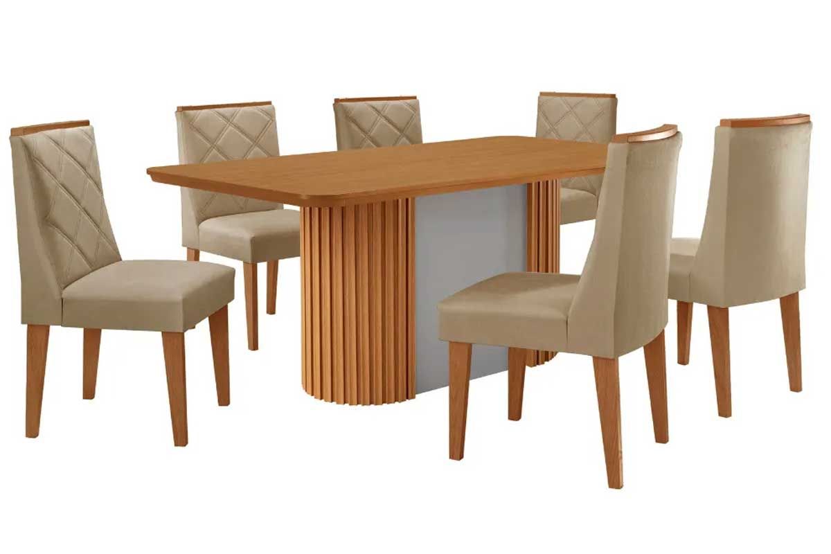 Sala Jantar Mesa Pilar c/ Tampo Madeirado Canto Curvo 180x90cm e 6 Cadeiras Pietá - Rufato