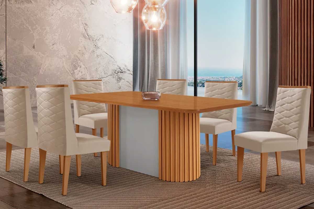 Sala Jantar Mesa Pilar c/ Tampo Madeirado Canto Curvo 180x90cm e 6 Cadeiras Dafne - Rufato