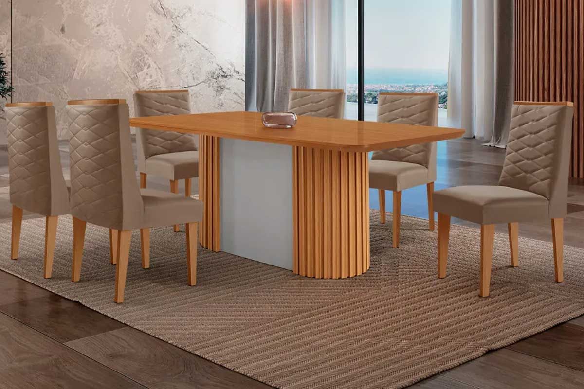 Sala Jantar Mesa Pilar c/ Tampo Madeirado Canto Curvo 180x90cm e 6 Cadeiras Dafne - Rufato