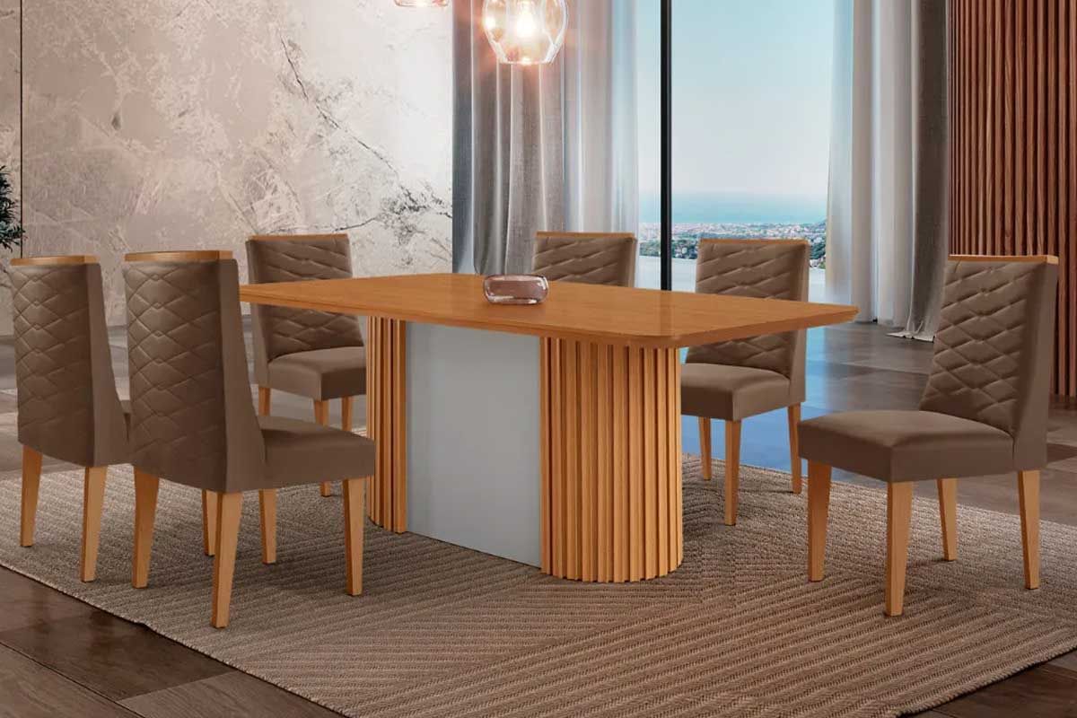Sala Jantar Mesa Pilar c/ Tampo Madeirado Canto Curvo 180x90cm e 6 Cadeiras Dafne - Rufato
