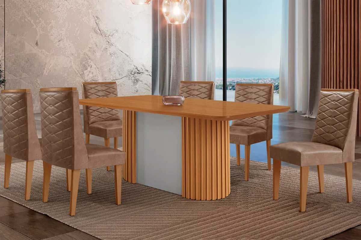 Sala Jantar Mesa Pilar c/ Tampo Madeirado Canto Curvo 180x90cm e 6 Cadeiras Dafne - Rufato