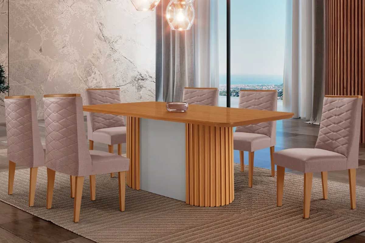 Sala Jantar Mesa Pilar c/ Tampo Madeirado Canto Curvo 180x90cm e 6 Cadeiras Dafne - Rufato