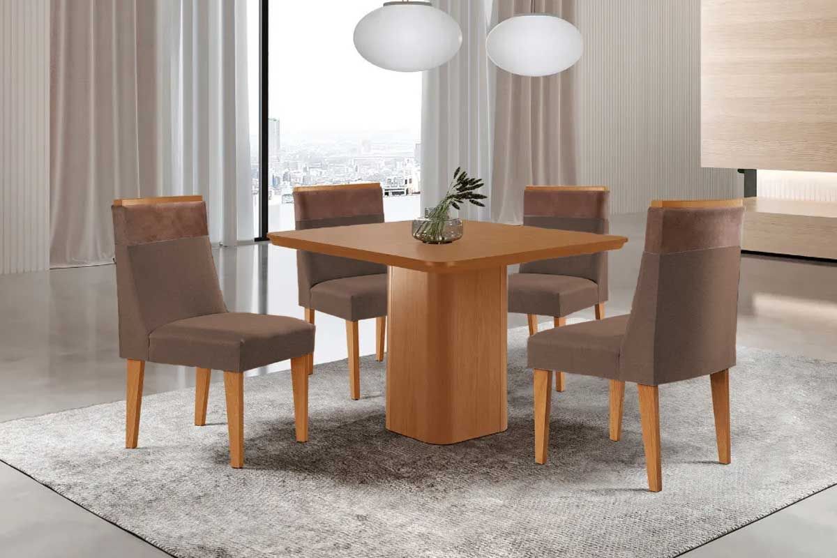 Sala Jantar Mesa Maldivas c/ Tampo Madeirado Canto Curvo 90x90cm e 4 Cadeiras Jaspe - Rufato