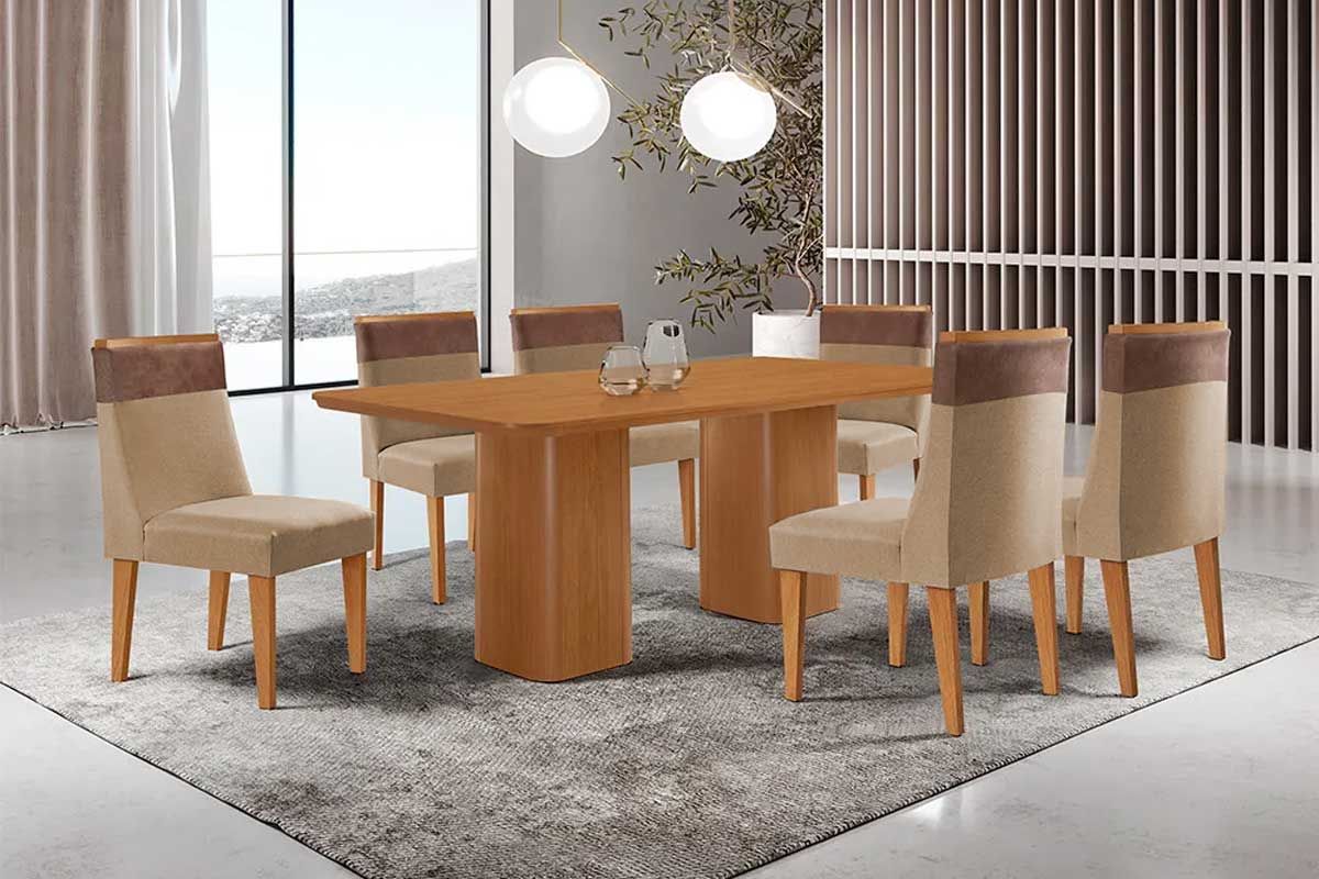 Sala Jantar Mesa Maldivas c/ Tampo Madeirado Canto Curvo 180x90cm e 6 Cadeiras Jaspe - Rufato