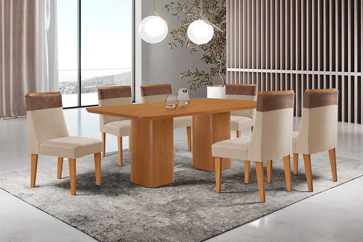 Sala Jantar Mesa Maldivas c/ Tampo Madeirado Canto Curvo 180x90cm e 6 Cadeiras Jaspe - Rufato