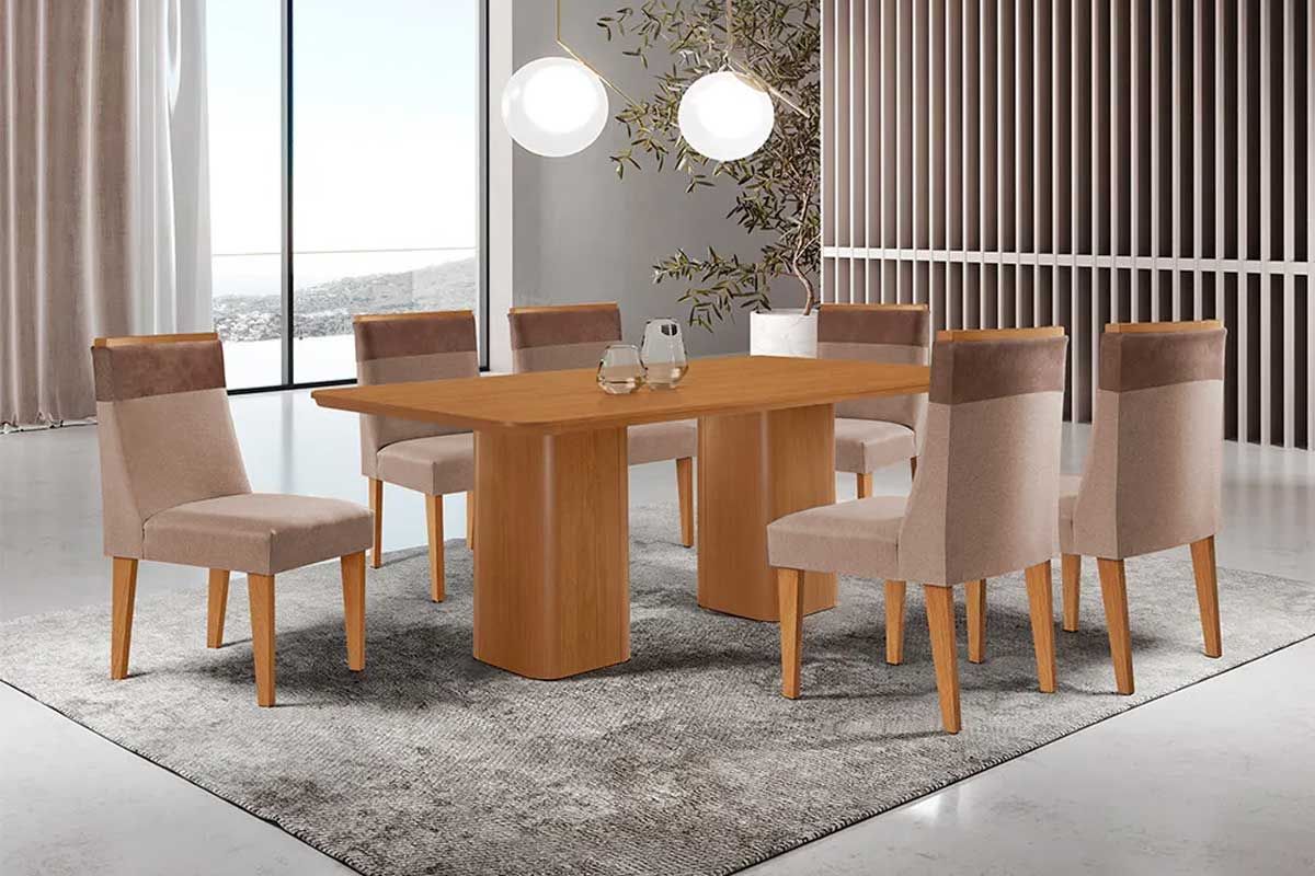 Sala Jantar Mesa Maldivas c/ Tampo Madeirado Canto Curvo 180x90cm e 6 Cadeiras Jaspe - Rufato