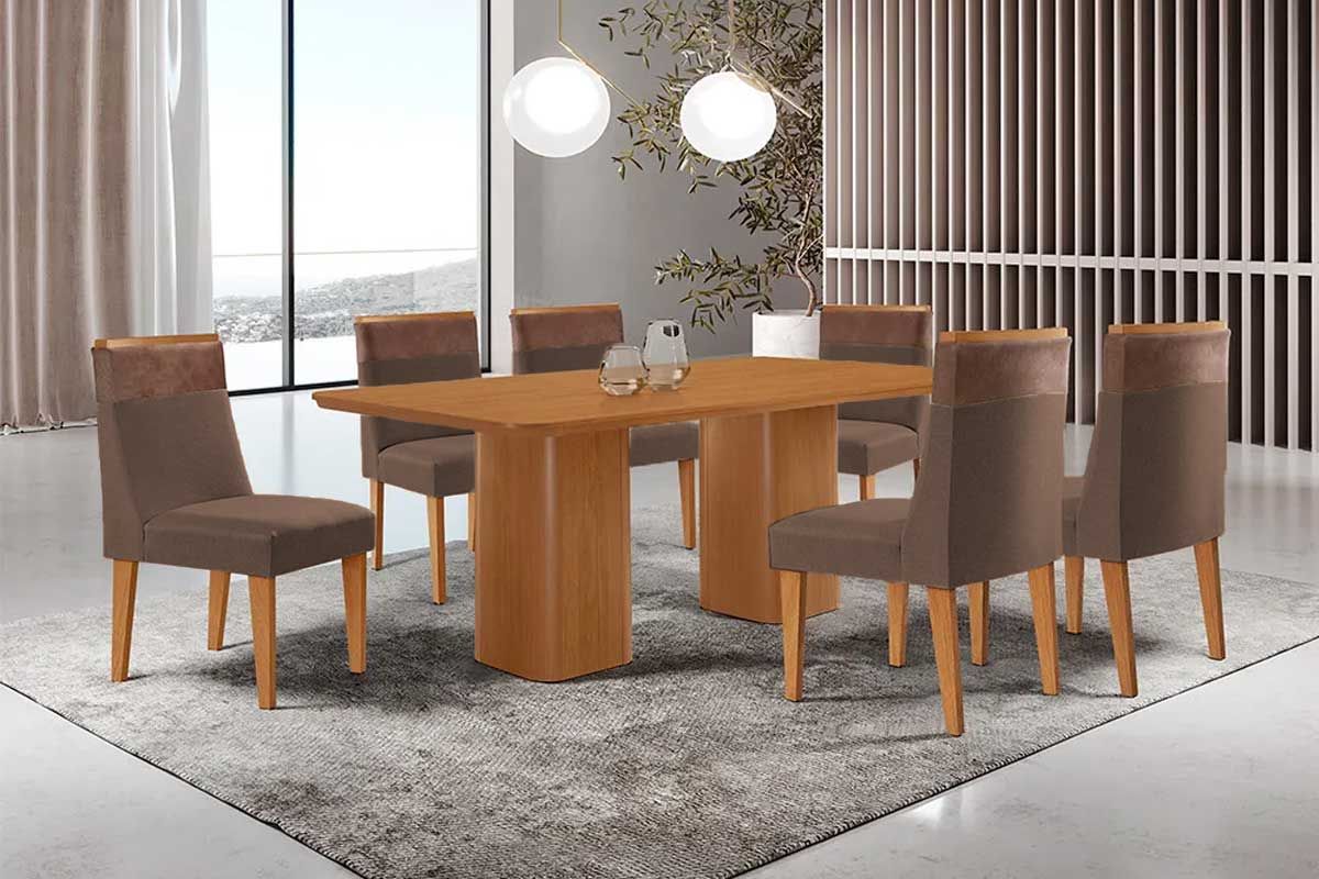 Sala Jantar Mesa Maldivas c/ Tampo Madeirado Canto Curvo 180x90cm e 6 Cadeiras Jaspe - Rufato