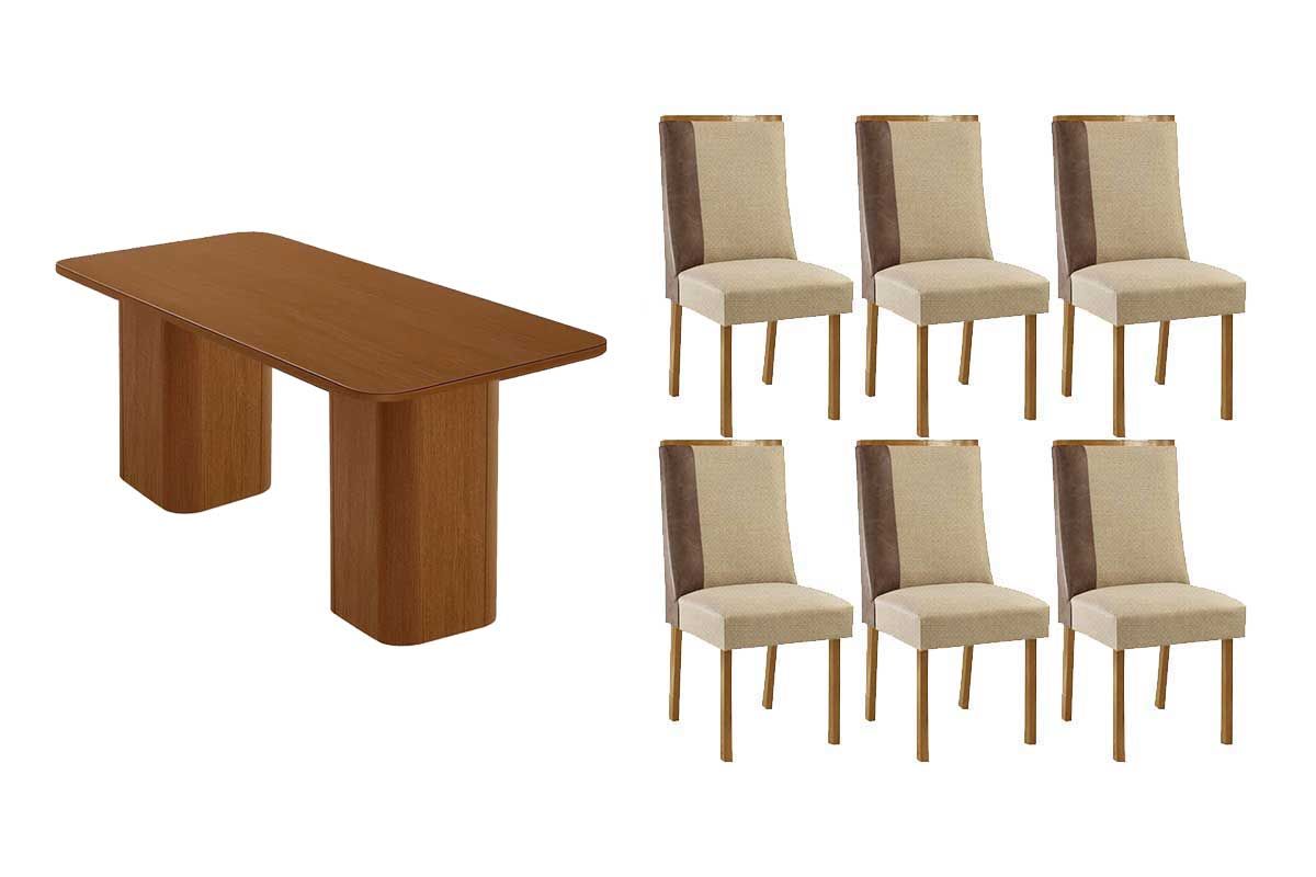 Sala Jantar Mesa Maldivas c/ Tampo Madeirado Canto Curvo 180x90cm e 6 Cadeiras Tilia - Rufato