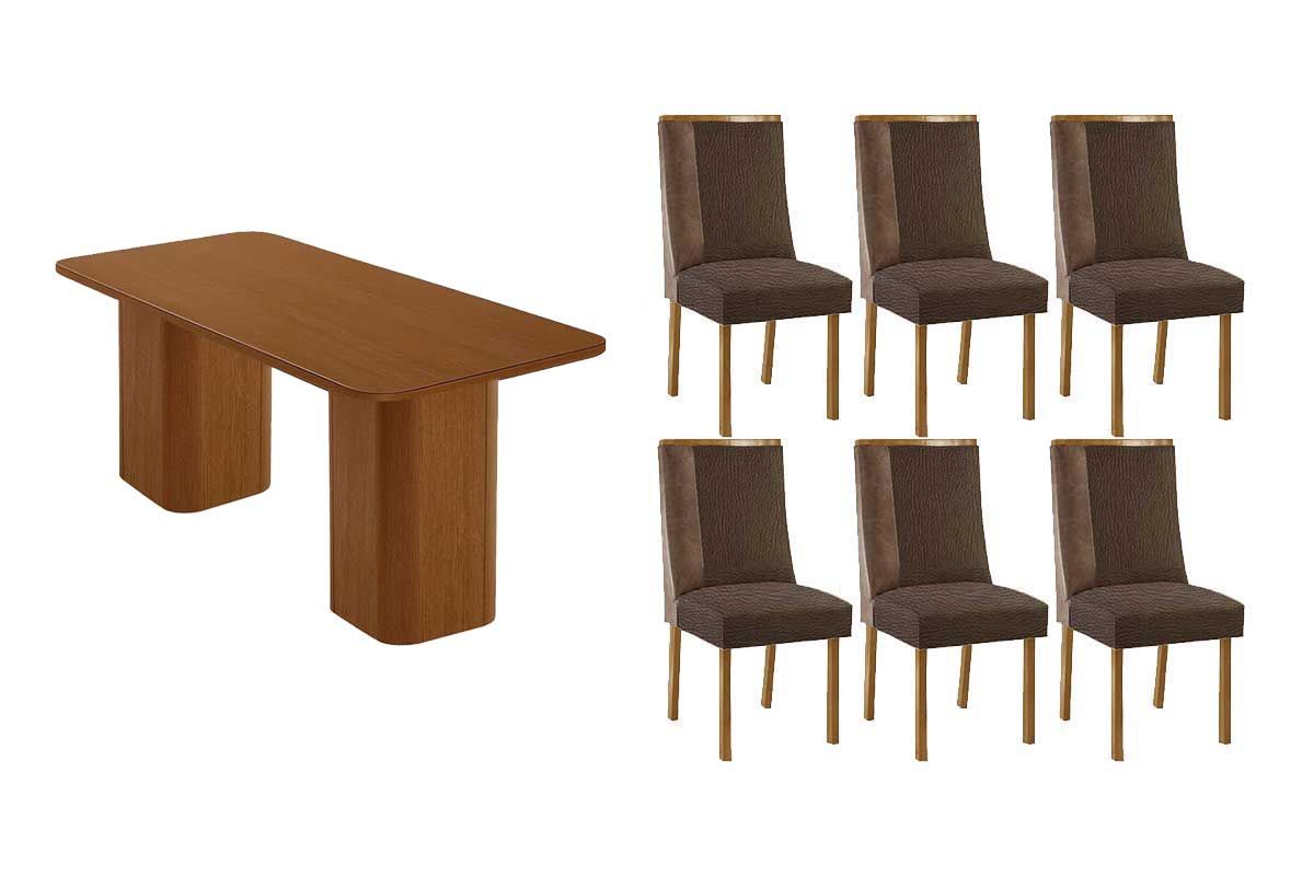 Sala Jantar Mesa Maldivas c/ Tampo Madeirado Canto Curvo 180x90cm e 6 Cadeiras Tilia - Rufato