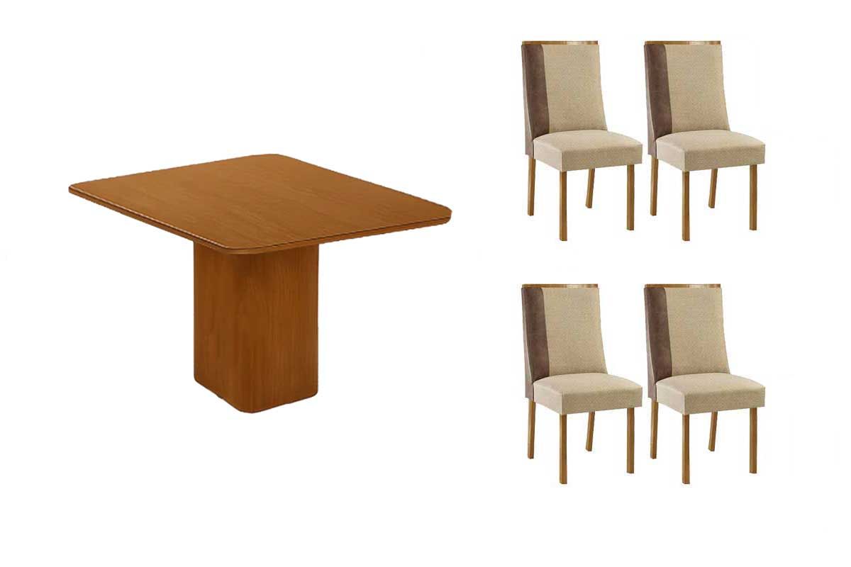 Sala Jantar Mesa Maldivas c/ Tampo Madeirado Canto Curvo 90x90cm e 4 Cadeiras Tilia - Rufato