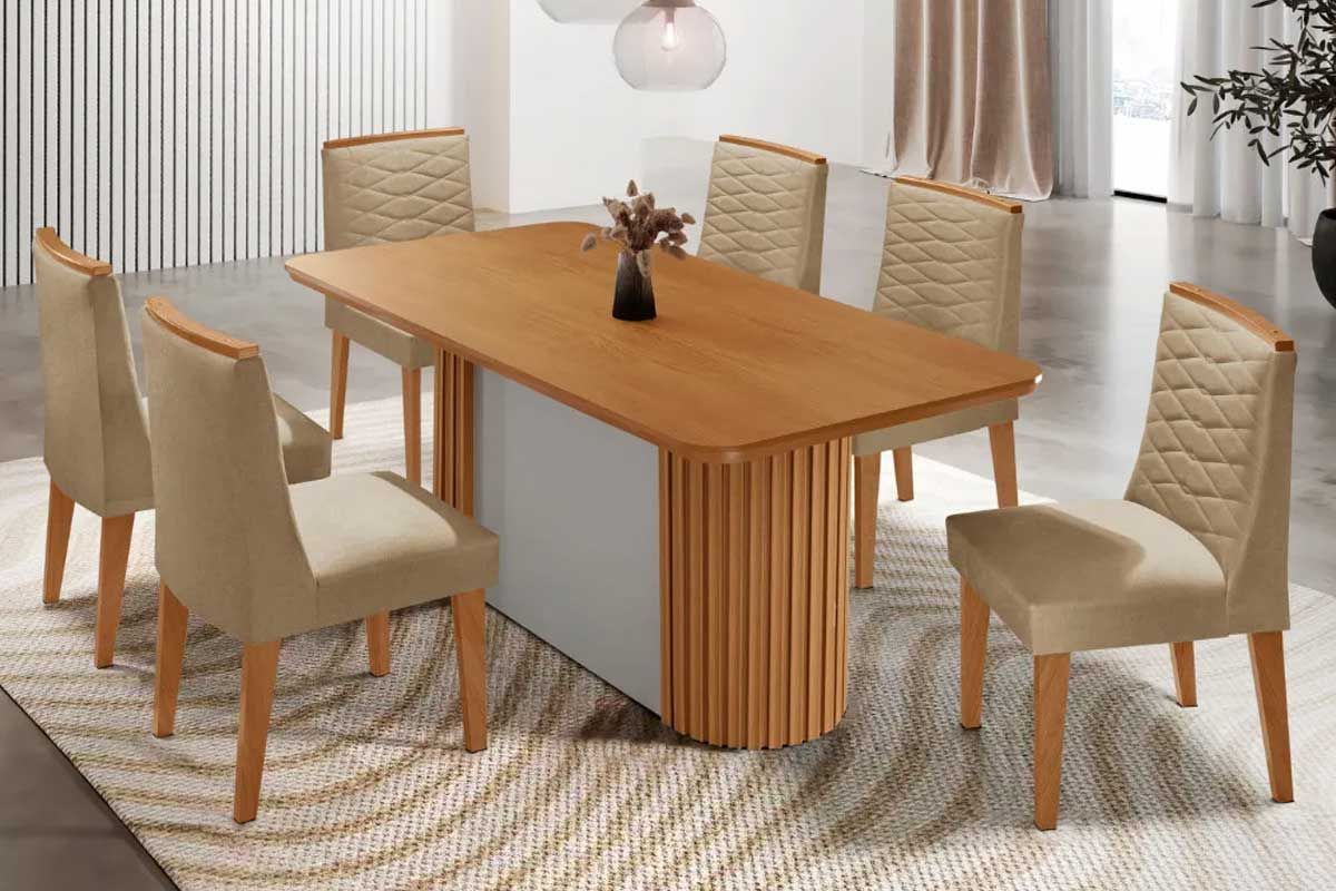 Sala Jantar Mesa Pilar c/ Tampo Madeirado Canto Curvo 180x90cm e 6 Cadeiras Maldivas - Rufato
