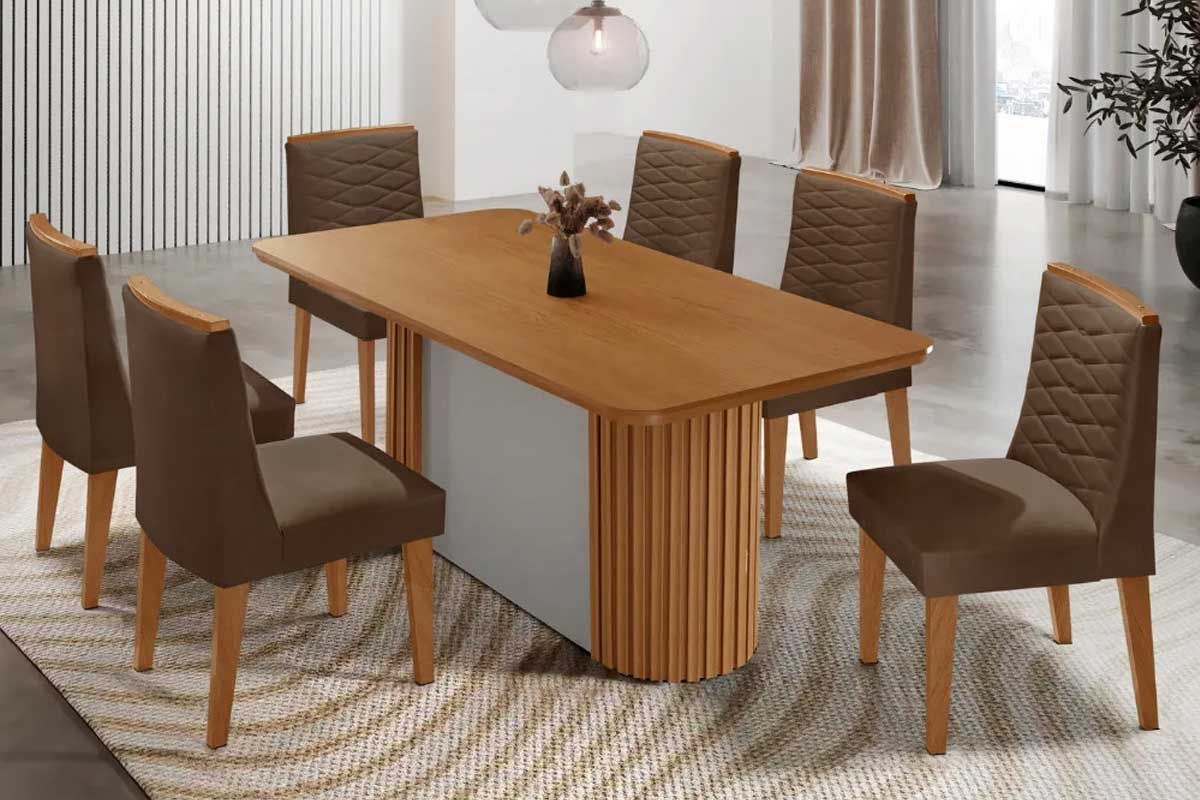 Sala Jantar Mesa Pilar c/ Tampo Madeirado Canto Curvo 180x90cm e 6 Cadeiras Maldivas - Rufato