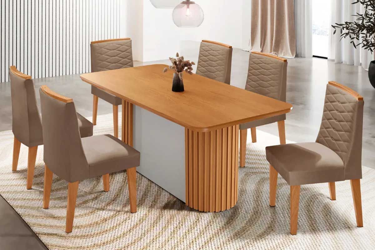 Sala Jantar Mesa Pilar c/ Tampo Madeirado Canto Curvo 180x90cm e 6 Cadeiras Maldivas - Rufato