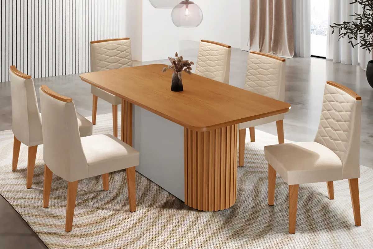 Sala Jantar Mesa Pilar c/ Tampo Madeirado Canto Curvo 180x90cm e 6 Cadeiras Maldivas - Rufato