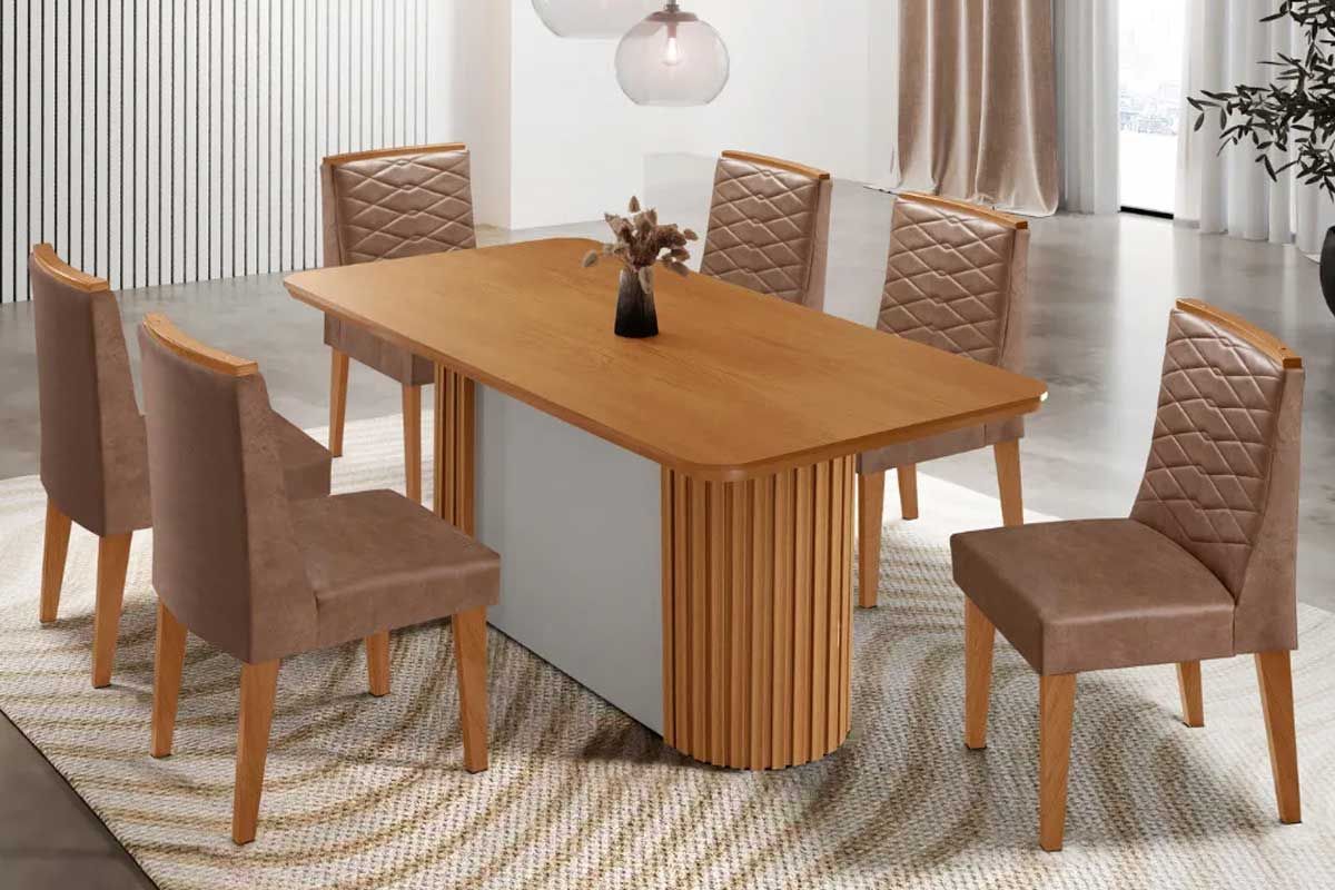 Sala Jantar Mesa Pilar c/ Tampo Madeirado Canto Curvo 180x90cm e 6 Cadeiras Maldivas - Rufato