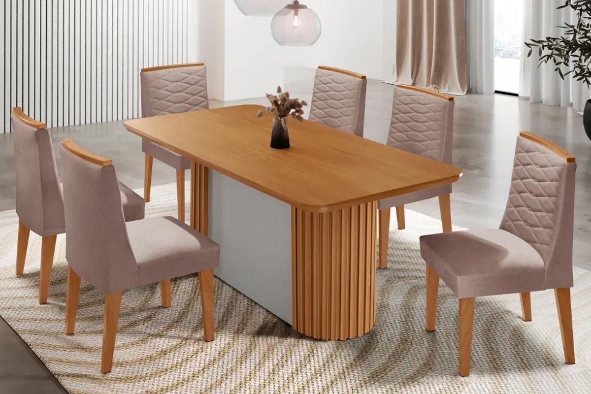 Sala Jantar Mesa Pilar c/ Tampo Madeirado Canto Curvo 180x90cm e 6 Cadeiras Maldivas - Rufato