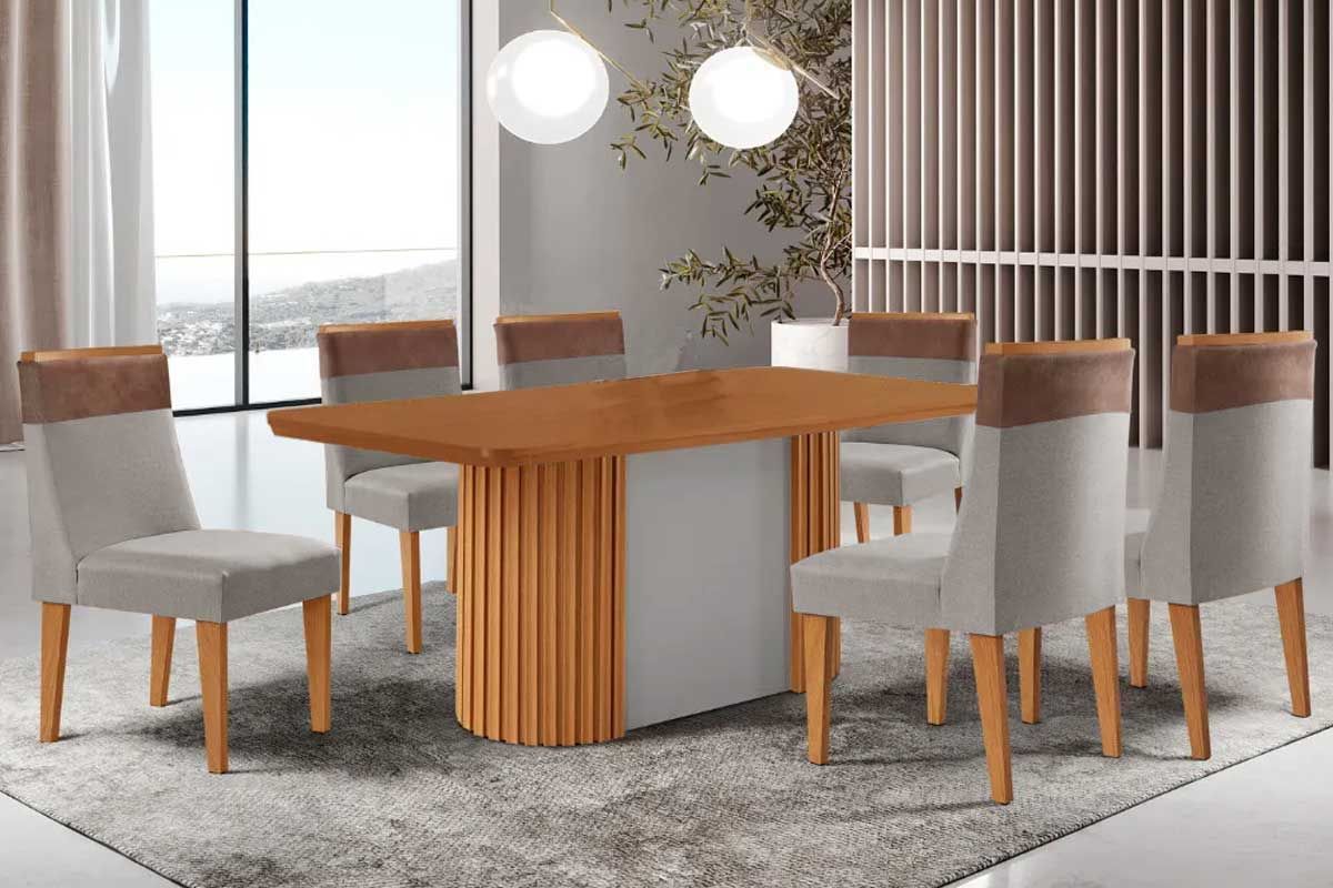 Sala Jantar Mesa Pilar c/ Tampo Madeirado Canto Curvo 180x90cm e 6 Cadeiras Jaspe - Rufato
