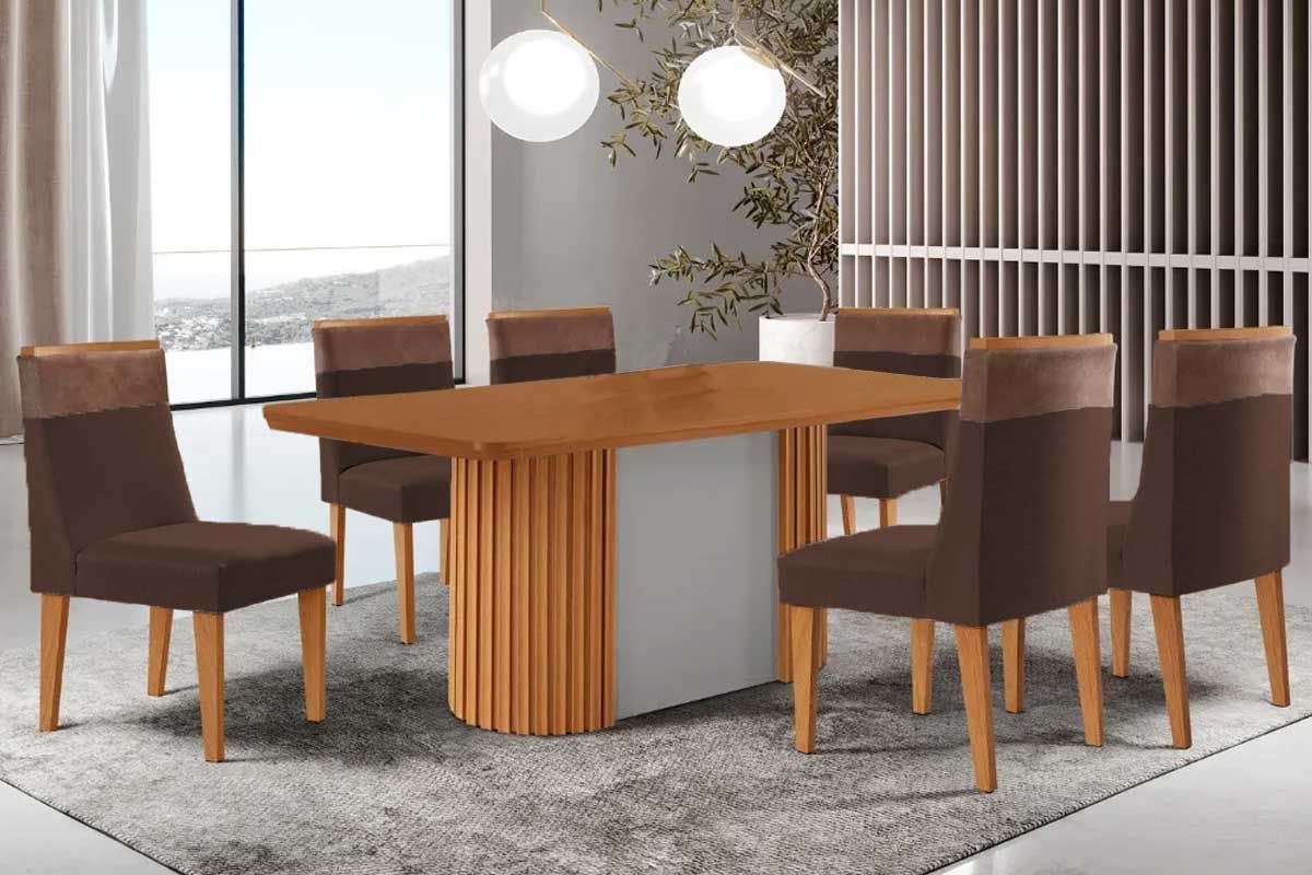 Sala Jantar Mesa Pilar c/ Tampo Madeirado Canto Curvo 180x90cm e 6 Cadeiras Jaspe - Rufato