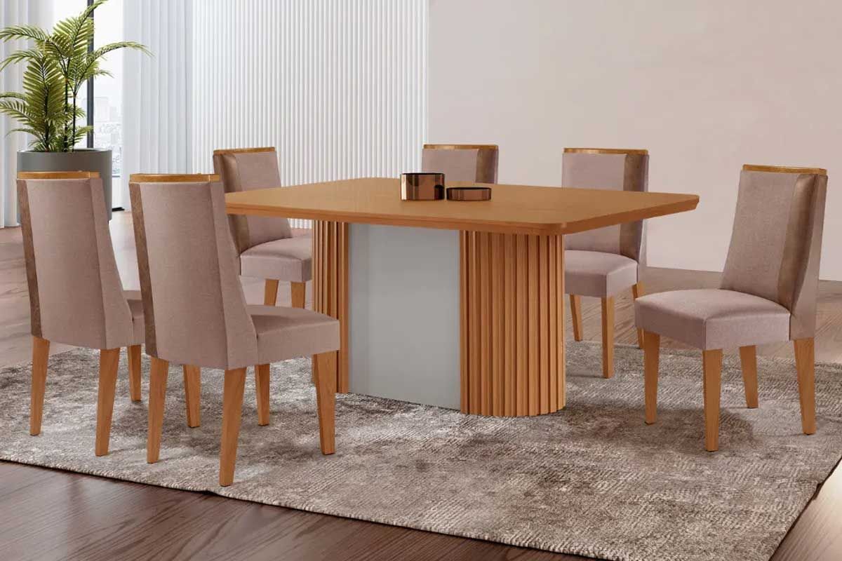 Sala Jantar Mesa Pilar c/ Tampo Madeirado Canto Curvo 180x90cm e 6 Cadeiras Tilia - Rufato