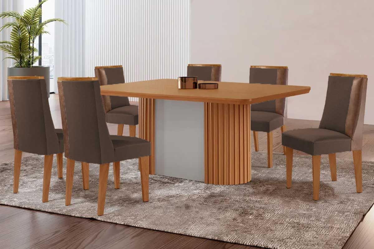 Sala Jantar Mesa Pilar c/ Tampo Madeirado Canto Curvo 180x90cm e 6 Cadeiras Tilia - Rufato