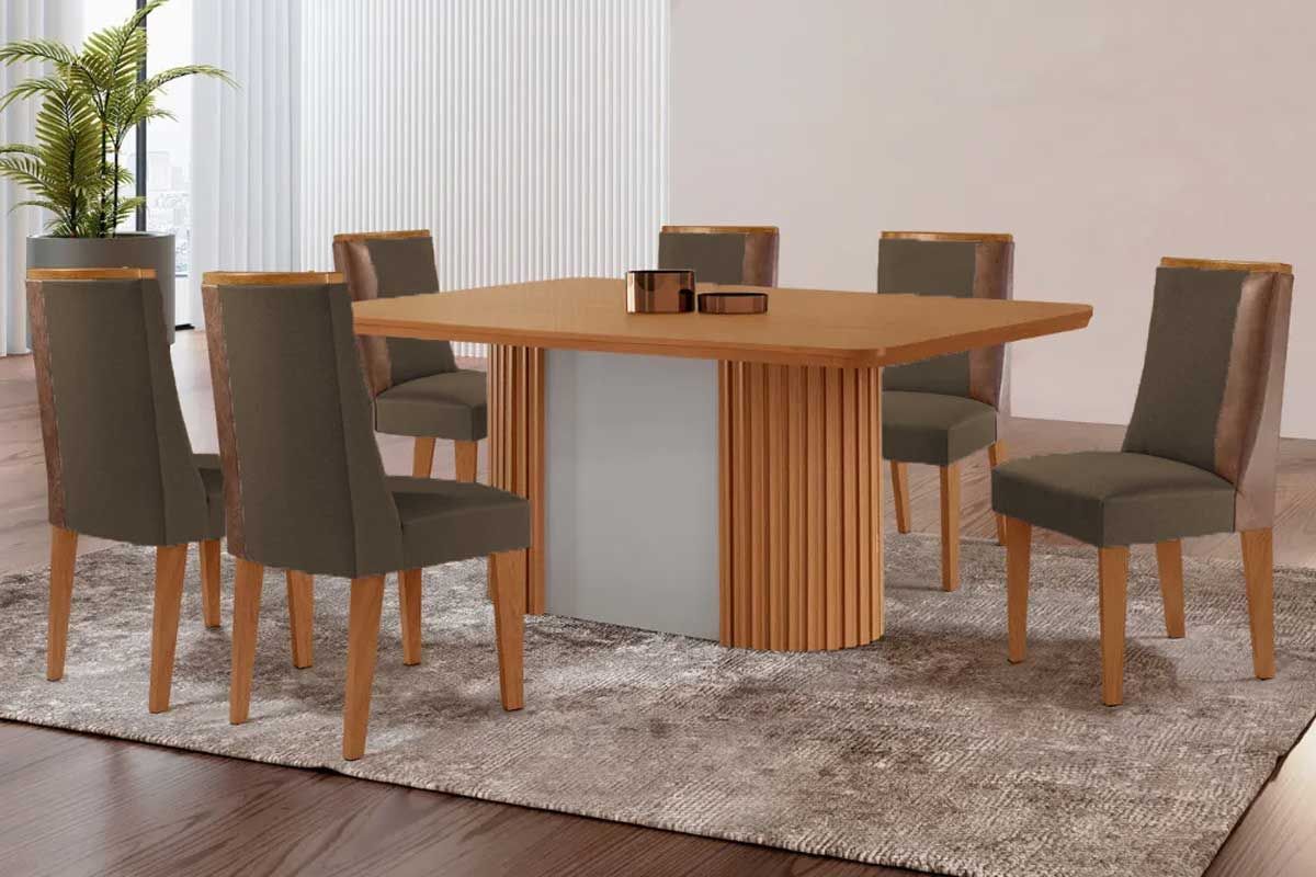 Sala Jantar Mesa Pilar c/ Tampo Madeirado Canto Curvo 180x90cm e 6 Cadeiras Tilia - Rufato