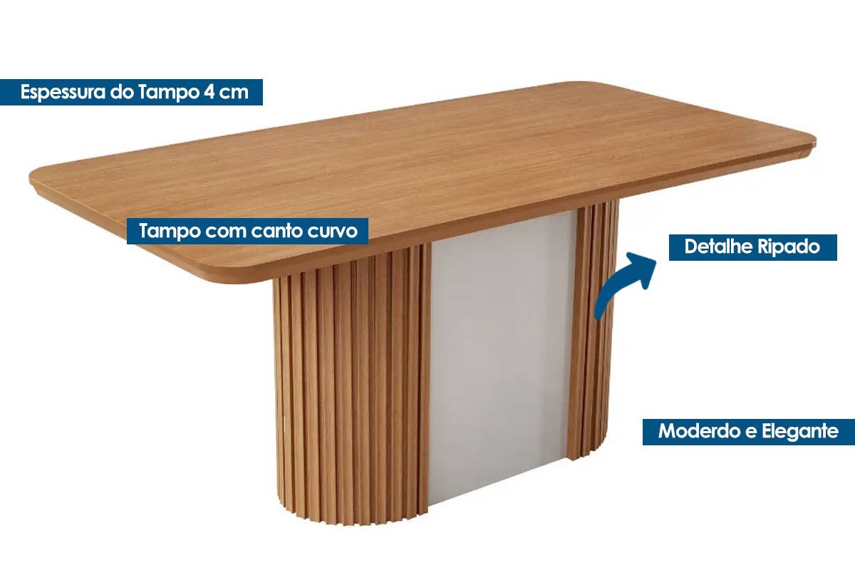 Sala Jantar Mesa Pilar c/ Tampo Madeirado Canto Curvo 180x90cm e 6 Cadeiras Tilia - Rufato