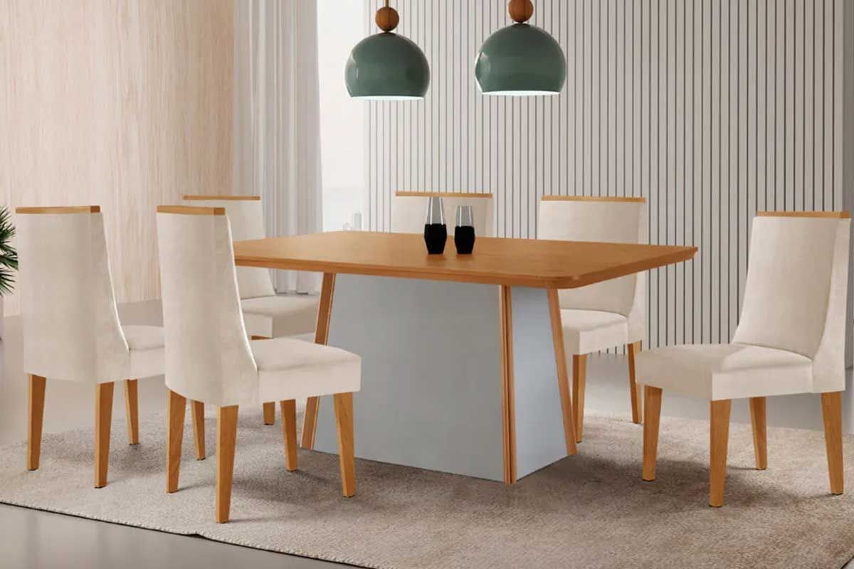 Sala Jantar Mesa Tilia c/ Tampo Madeirado Canto Curvo 180x90cm e 6 Cadeiras Dakota - Rufato