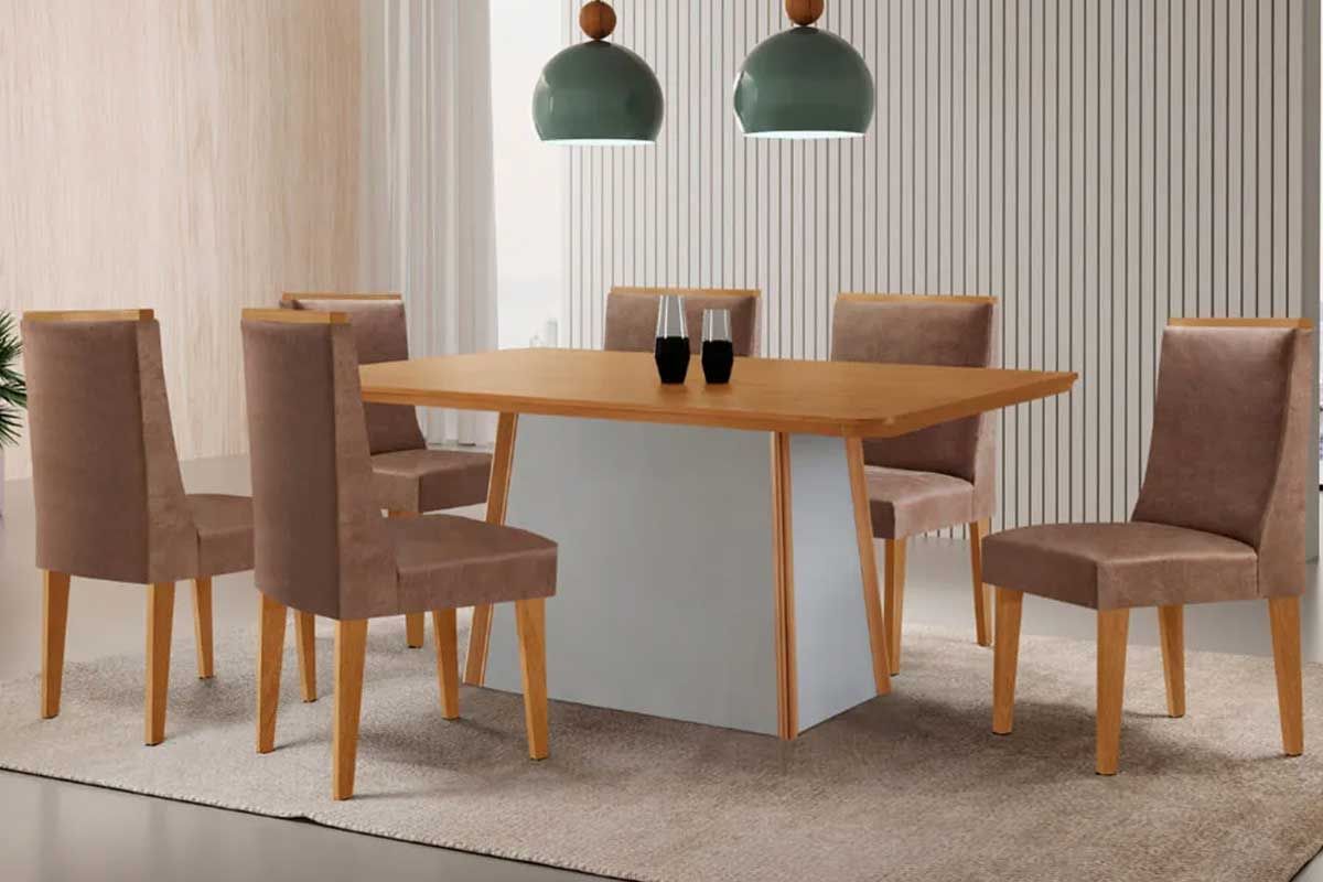 Sala Jantar Mesa Tilia c/ Tampo Madeirado Canto Curvo 180x90cm e 6 Cadeiras Dakota - Rufato