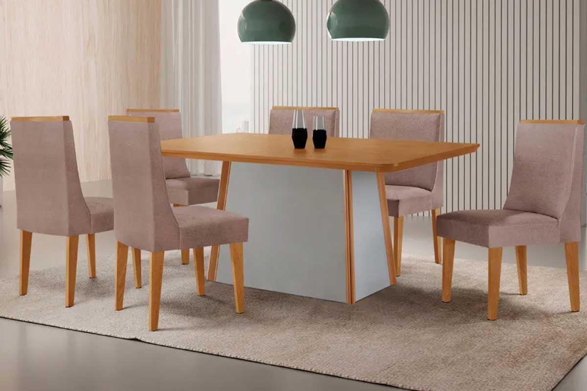 Sala Jantar Mesa Tilia c/ Tampo Madeirado Canto Curvo 180x90cm e 6 Cadeiras Dakota - Rufato