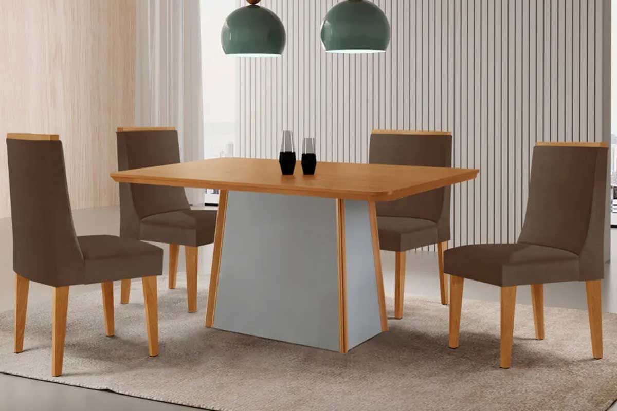 Sala Jantar Mesa Tilia c/ Tampo Madeirado Canto Curvo 120x80cm e 4 Cadeiras Dakota - Rufato