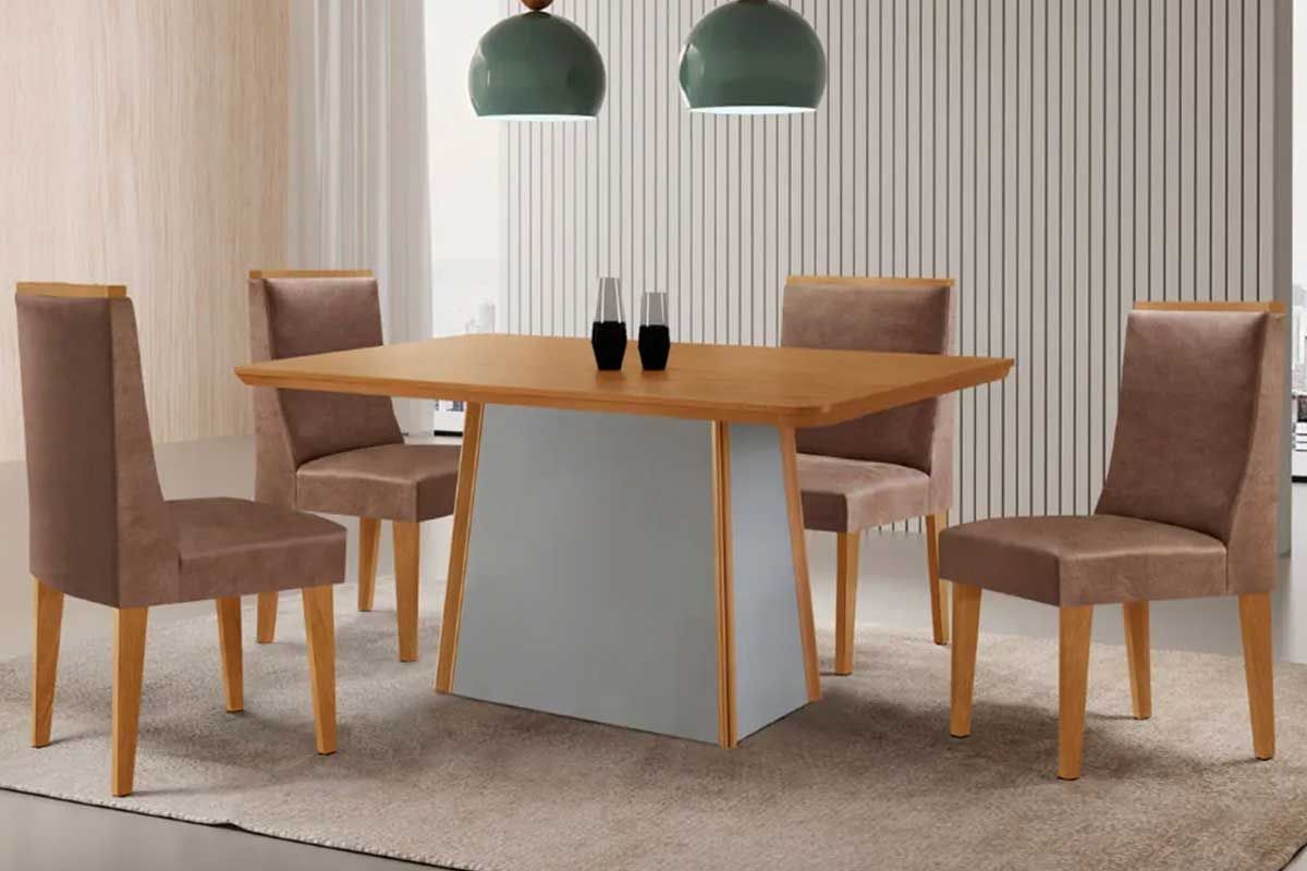 Sala Jantar Mesa Tilia c/ Tampo Madeirado Canto Curvo 120x80cm e 4 Cadeiras Dakota - Rufato
