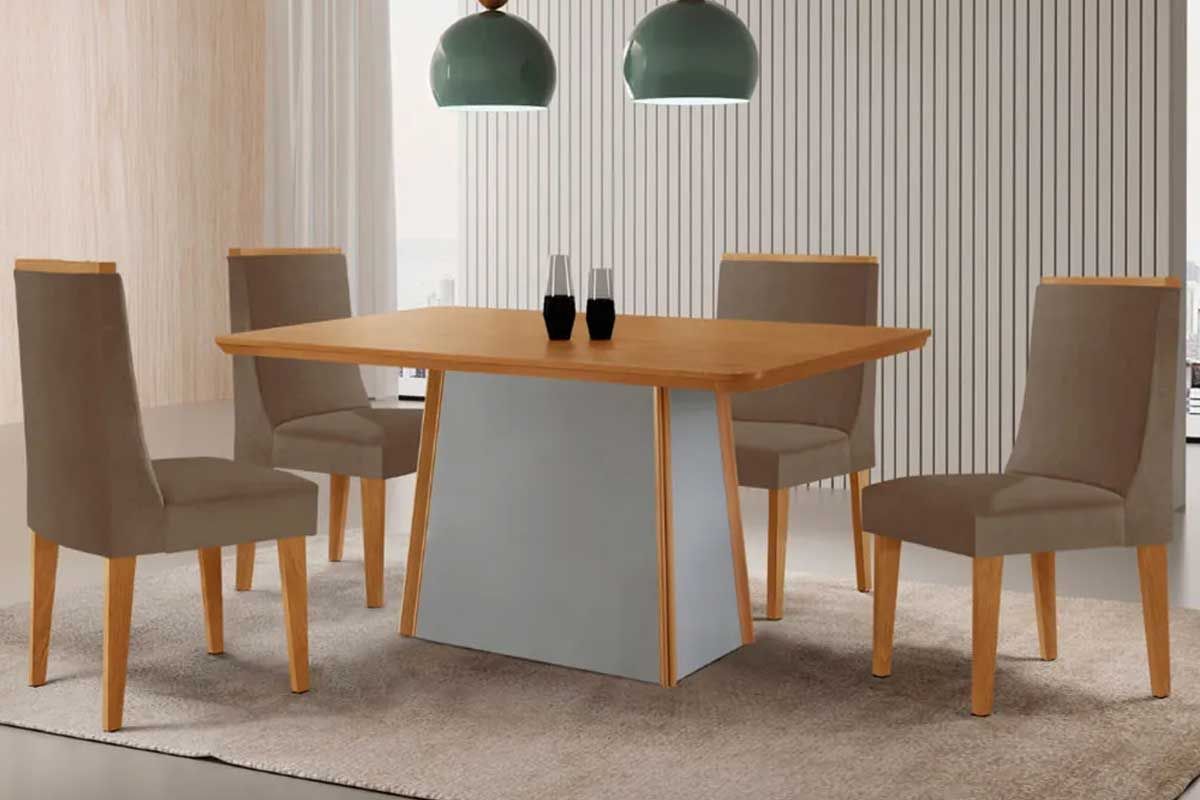 Sala Jantar Mesa Tilia c/ Tampo Madeirado Canto Curvo 120x80cm e 4 Cadeiras Dakota - Rufato