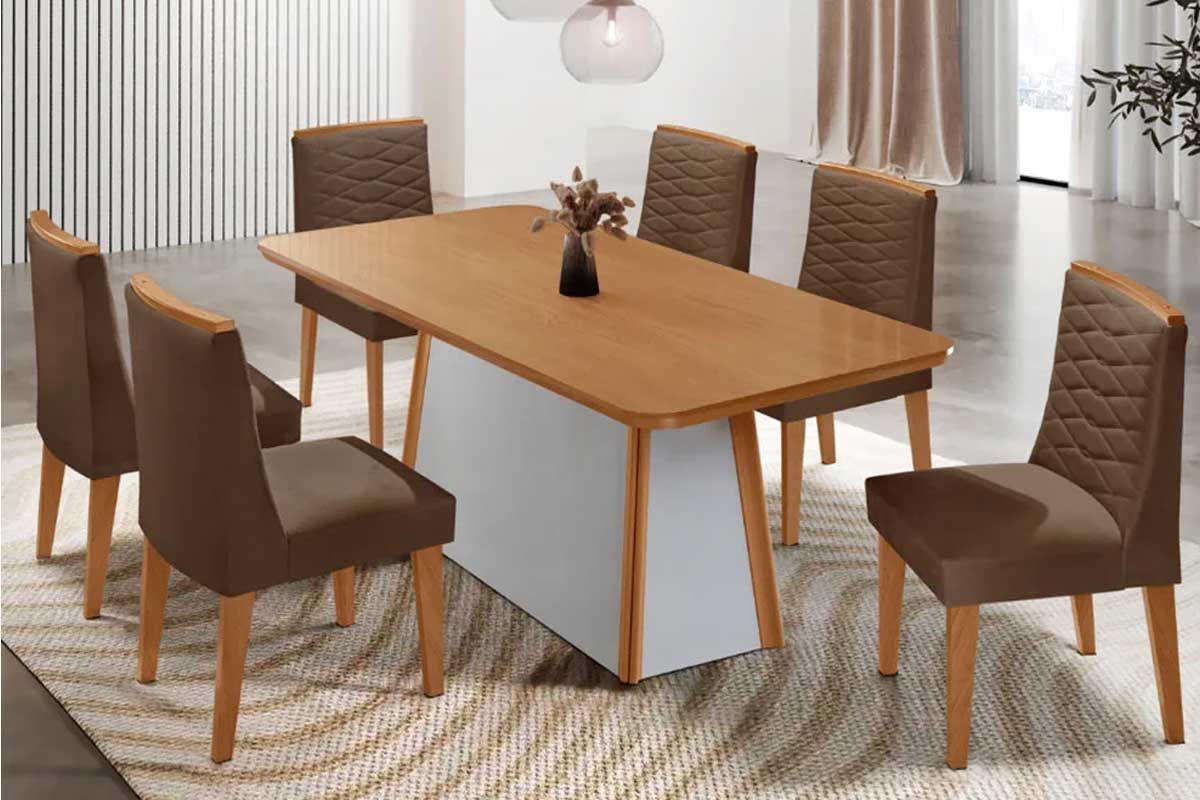 Sala Jantar Mesa Tilia c/ Tampo Madeirado Canto Curvo 180x90cm e 6 Cadeiras Maldivas - Rufato