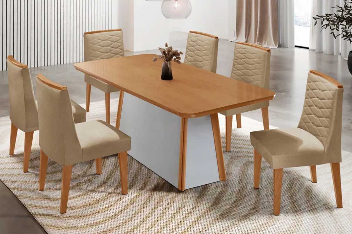 Sala Jantar Mesa Tilia c/ Tampo Madeirado Canto Curvo 180x90cm e 6 Cadeiras Maldivas - Rufato
