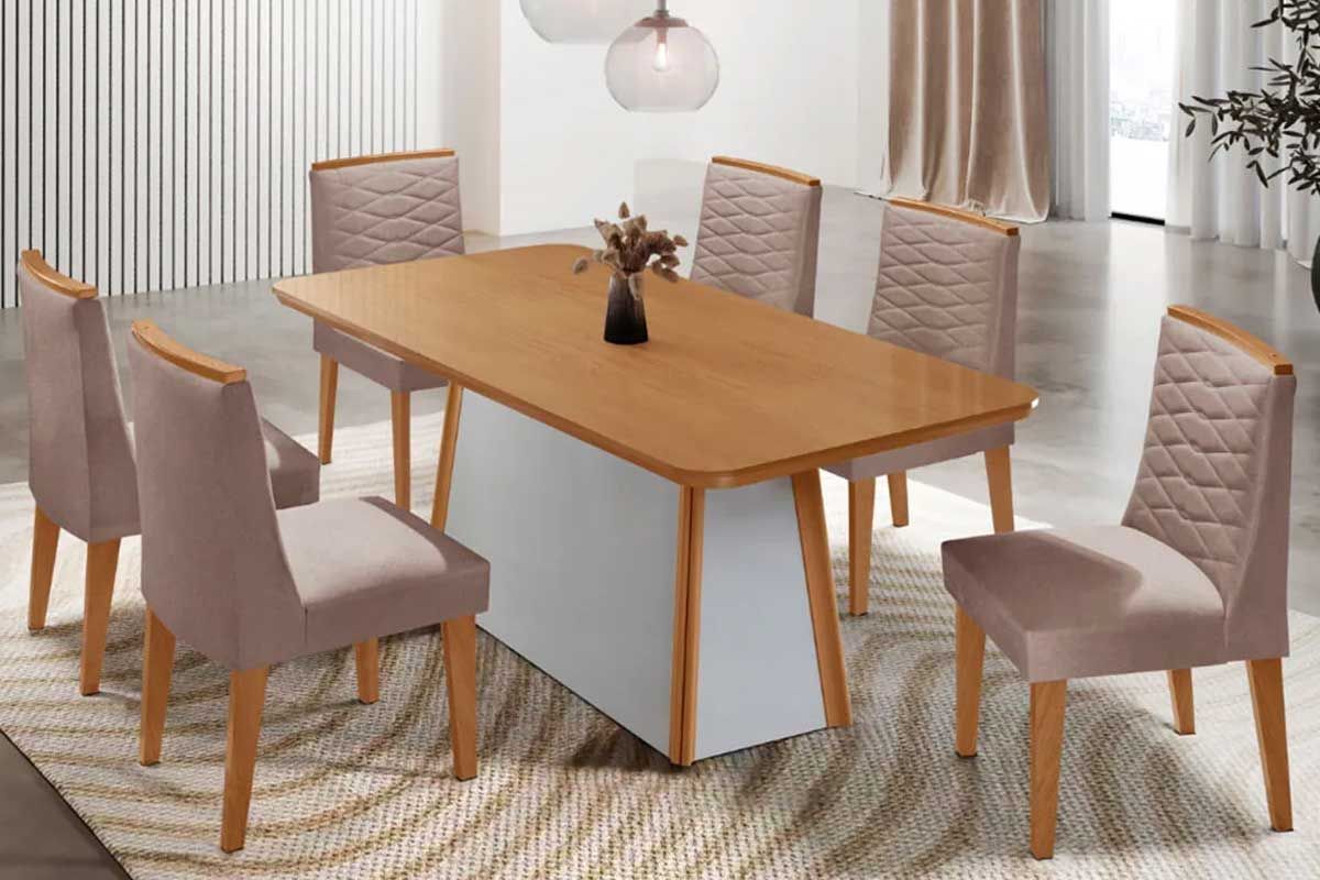 Sala Jantar Mesa Tilia c/ Tampo Madeirado Canto Curvo 180x90cm e 6 Cadeiras Maldivas - Rufato