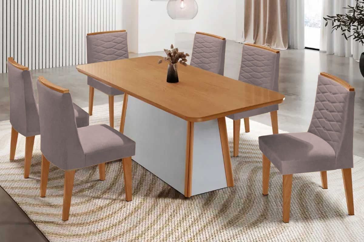 Sala Jantar Mesa Tilia c/ Tampo Madeirado Canto Curvo 180x90cm e 6 Cadeiras Maldivas - Rufato