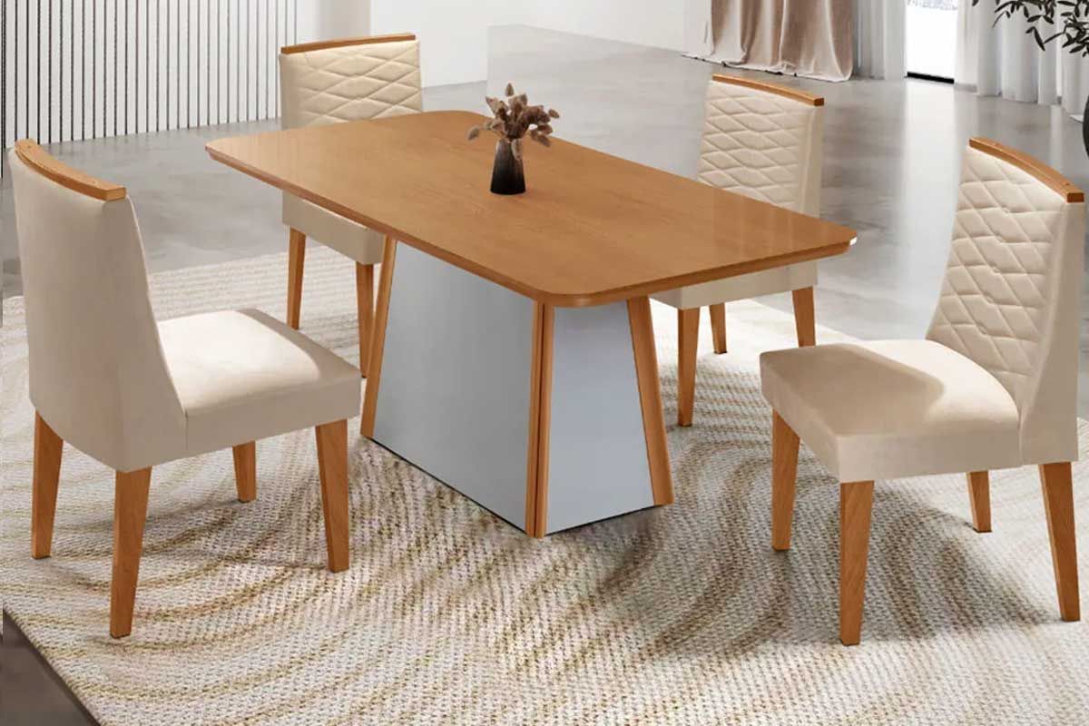 Sala Jantar Mesa Tilia c/ Tampo Madeirado Canto Curvo 120x80cm e 4 Cadeiras Maldivas - Rufato