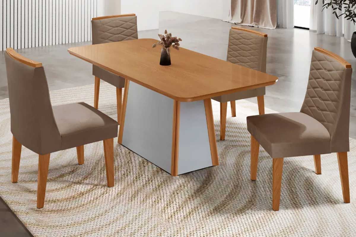 Sala Jantar Mesa Tilia c/ Tampo Madeirado Canto Curvo 120x80cm e 4 Cadeiras Maldivas - Rufato